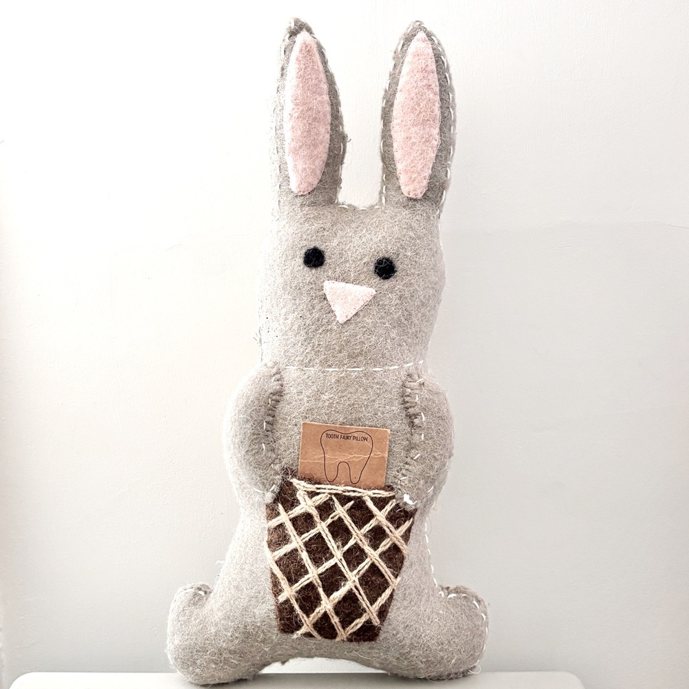 Creative Co-Op Handmade Wool Bunny Pillow with Pocket for Tooth Fairy